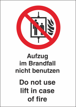 Kombischild Aufzug im Brandfall nicht benutzen (Verbotszeichen P020) mit Zusatztext deutsch/englisch
