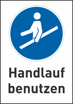 Kombischild Handlauf benutzen (Gebotszeichen M012) mit Zusatztext deutsch
