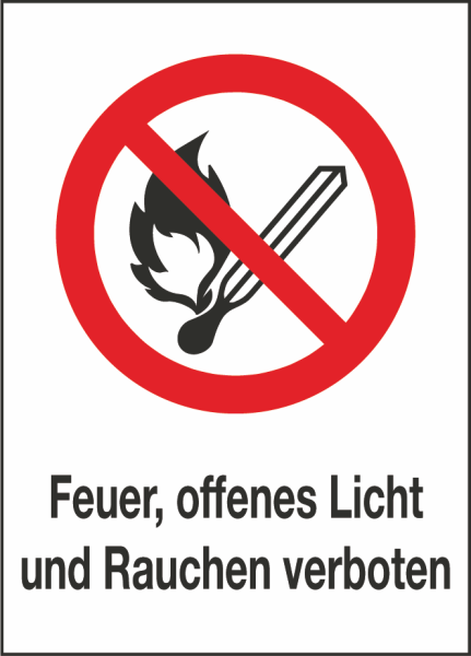 Kombischild Feuer, offenes Licht und Rauchen verboten (Verbotszeichen P003) mit Zusatztext deutsch