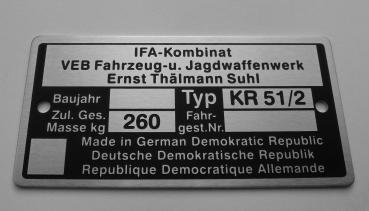 Typenschild geätzt für Simson Schwalbe KR 51/2 IFA-Kombinat, beschriftet, Nadelprägung