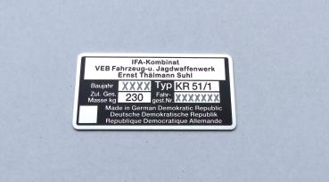Typenschild geätzt für Simson Schwalbe KR 51/1 IFA-Kombinat, beschriftet, Nadelprägung