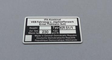 Typenschild geätzt für Simson Schwalbe KR 51/1 IFA-Kombinat, blanko