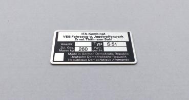 Typenschild geätzt für Simson S51 Plakette 260kg IFA VEB, blanko, Ansicht 2