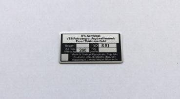 Typenschild geätzt für Simson S51 Plakette 260kg IFA VEB, blanko, Ansicht 3