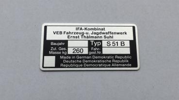 Typenschild geätzt für Simson S51 B Plakette 260kg IFA VEB, blanko