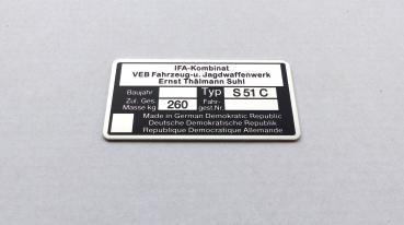 Typenschild geätzt für Simson S51 C Plakette 260kg IFA VEB, blanko