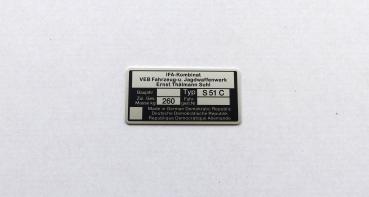 Typenschild geätzt für Simson S51 C Plakette 260kg IFA VEB, blanko, Ansicht 3