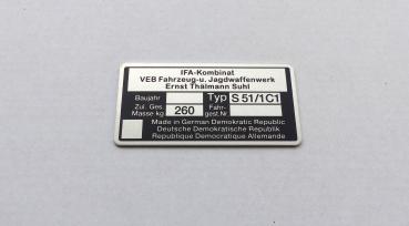Typenschild geätzt für Simson S51/1C1 Plakette 260kg IFA VEB, blanko