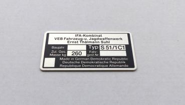 Typenschild geätzt für Simson S51/1C1 Plakette 260kg IFA VEB, blanko, Ansicht 2
