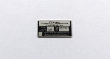 Typenschild geätzt für Simson S51/1C1 Plakette 260kg IFA VEB, blanko, Ansicht 3