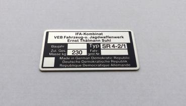 Typenschild geätzt für Simson Star SR4-2/1 Plakette 230kg IFA VEB, ab BJ 70, beschriftet
