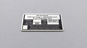 Typenschild geätzt für Simson Star SR50/1 Plakette 260kg IFA VEB, beschriftet, Nadelprägung
