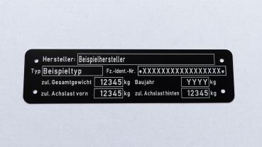 Var.3.2 Typenschild für Anhänger, Auto oder LKW mit 2 Achsen, beschriftet, Ansicht 1