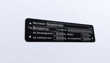 Var.3.2 Typenschild für Anhänger, Auto oder LKW mit 2 Achsen, beschriftet, Ansicht 2