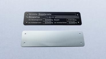 Var.3.2 Typenschild für Anhänger, Auto oder LKW mit 2 Achsen, beschriftet, Ansicht 4 mit Rückseite
