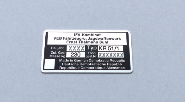 Typenschild geätzt für Simson Schwalbe KR 51/1 IFA-Kombinat, beschriftet, Nadelprägung