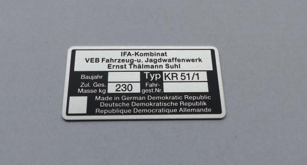 Typenschild geätzt für Simson Schwalbe KR 51/1 IFA-Kombinat, blanko