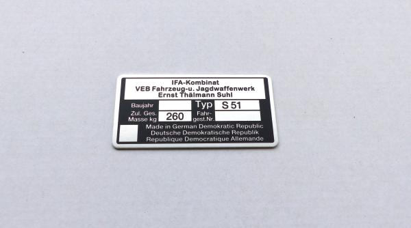 Typenschild geätzt für Simson S51 Plakette 260kg IFA VEB, blanko