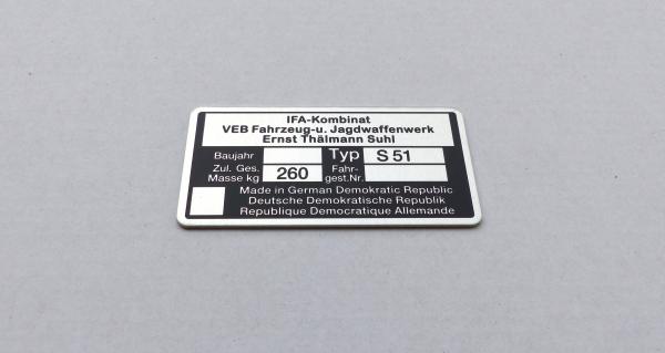 Typenschild geätzt für Simson S51 Plakette 260kg IFA VEB, blanko, Ansicht 2