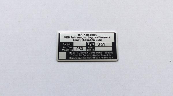 Typenschild geätzt für Simson S51 Plakette 260kg IFA VEB, blanko, Ansicht 3