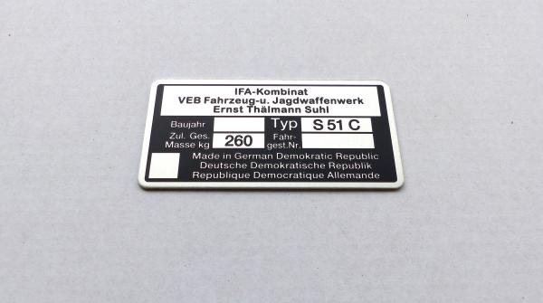 Typenschild geätzt für Simson S51 C Plakette 260kg IFA VEB, blanko