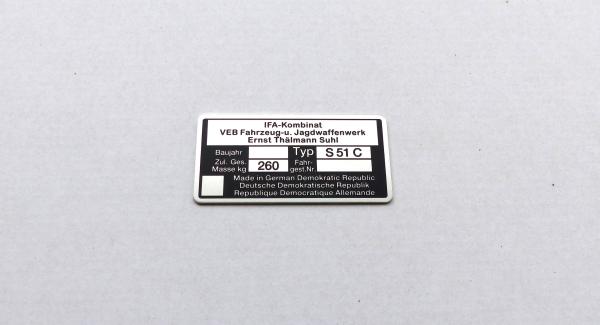 Typenschild geätzt für Simson S51 C Plakette 260kg IFA VEB, blanko, Ansicht 2