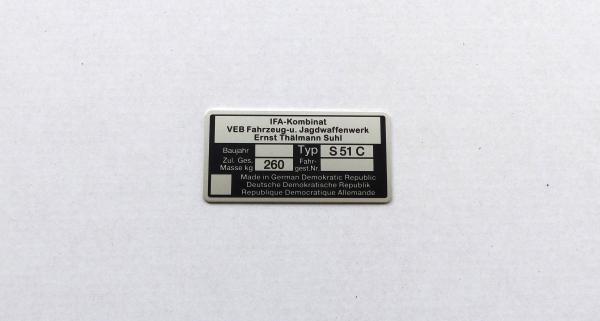 Typenschild geätzt für Simson S51 C Plakette 260kg IFA VEB, blanko, Ansicht 3
