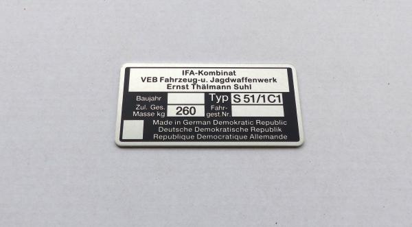 Typenschild geätzt für Simson S51/1C1 Plakette 260kg IFA VEB, blanko