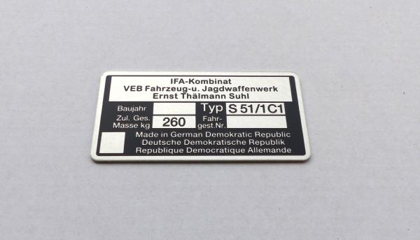 Typenschild geätzt für Simson S51/1C1 Plakette 260kg IFA VEB, blanko, Ansicht 2