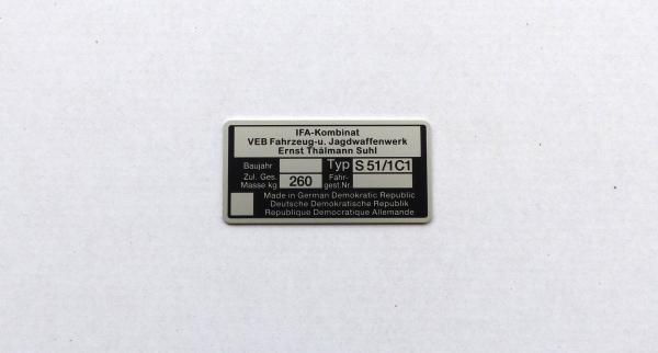 Typenschild geätzt für Simson S51/1C1 Plakette 260kg IFA VEB, blanko, Ansicht 3