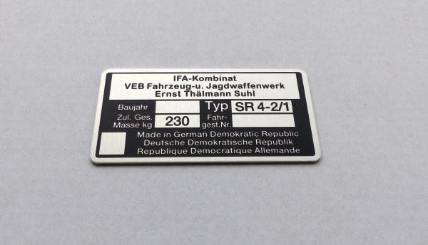 Typenschild geätzt für Simson Star SR4-2/1 Plakette 230kg IFA VEB, ab BJ 70, beschriftet