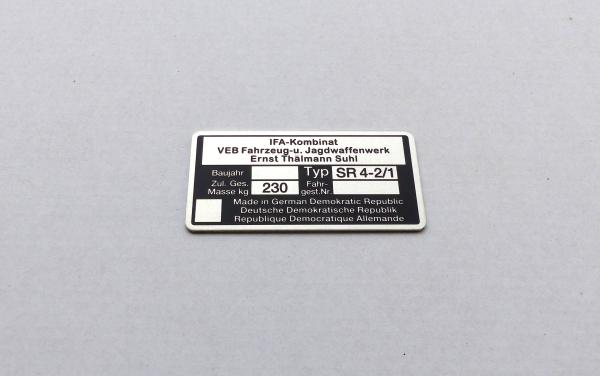 Typenschild geätzt für Simson Star SR4-2/1 Plakette 230kg IFA VEB, ab BJ 70, beschriftet, Ansicht 2
