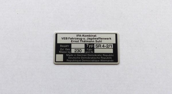 Typenschild geätzt für Simson Star SR4-2/1 Plakette 230kg IFA VEB, ab BJ 70, beschriftet, Ansicht 3