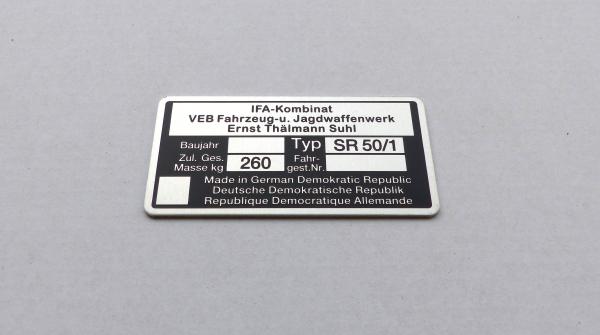 Typenschild geätzt für Simson Star SR50/1 Plakette 260kg IFA VEB, beschriftet, Nadelprägung