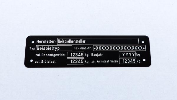Var.3.1 Typenschild für Anhänger mit 1 Achse, beschriftet, Ansicht 1